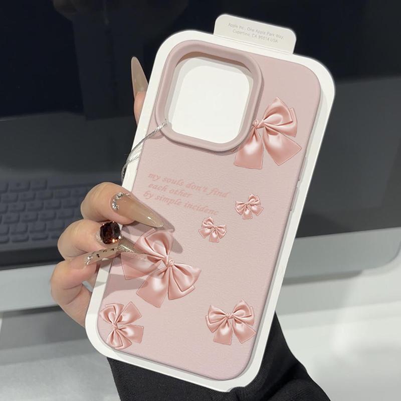 Pink Bowknot Print Soft Matte Case For iPhone 16 Pro Max 15 Pro 14 13 12 11 Solid Color Shockproof TPU Leather Texture Slim Phone Cover