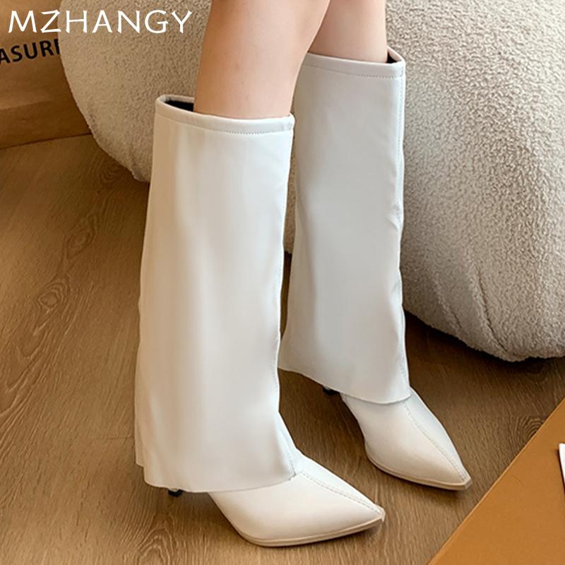 Женские высокие сапоги с острым носком, кожаные туфли, зимние дизайнерские туфли на среднем каблуке, женская обувь для вечеринок, тренд 2024 года, элегантные женские ботинки