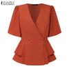 ZANZEA Elegant Ladies V-Neck Short Sleeve Ruffled Hem Blouse