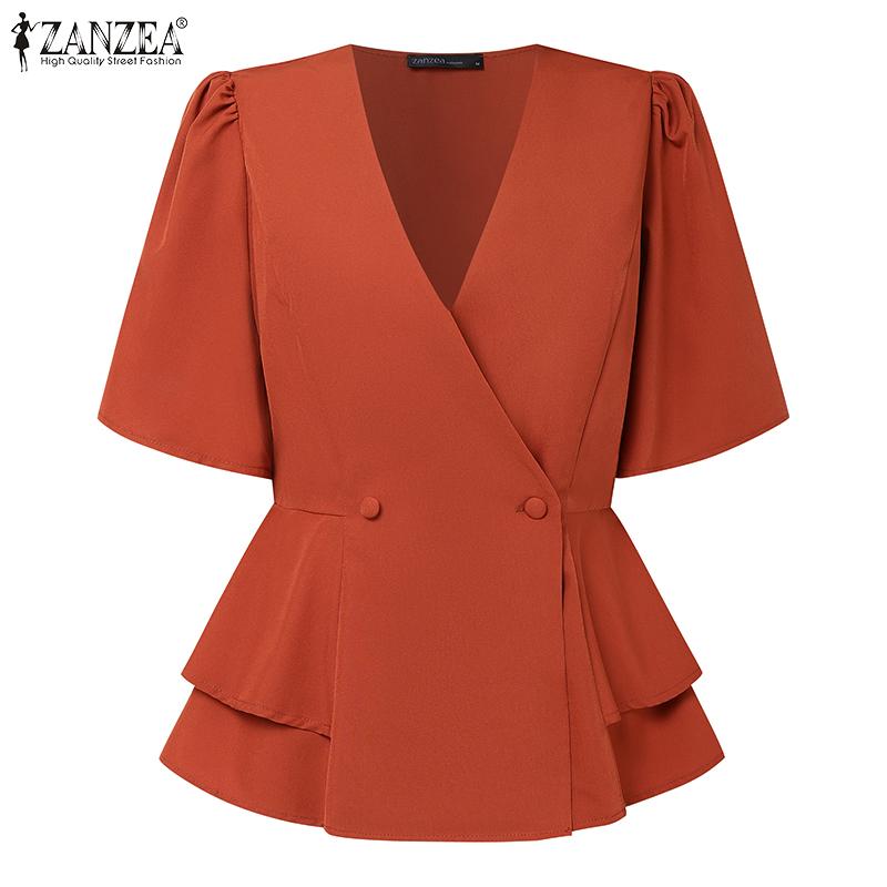ZANZEA Elegant Ladies V-Neck Short Sleeve Ruffled Hem Blouse