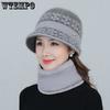New Winter Thick Warm Add Fur Lined Knitted Hat Scarf Set for Women Elegant Middle-Aged Mother Rabbit Fur Bucket Hat Gift