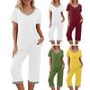 2 Pcs/Set Pajamas Set V Neck Contrast Color Short Sleeve Loose Homewear Elastic Waist Cropped Pants Summer