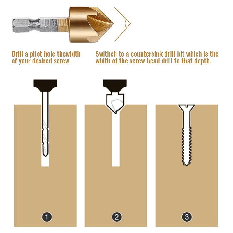 Countersink Drill Bit Set Chamfer 1/4' Hex 5 Flute Counter Sink Mill Cutter for Wood Soft Metal Rubber Plastic Woodworking
