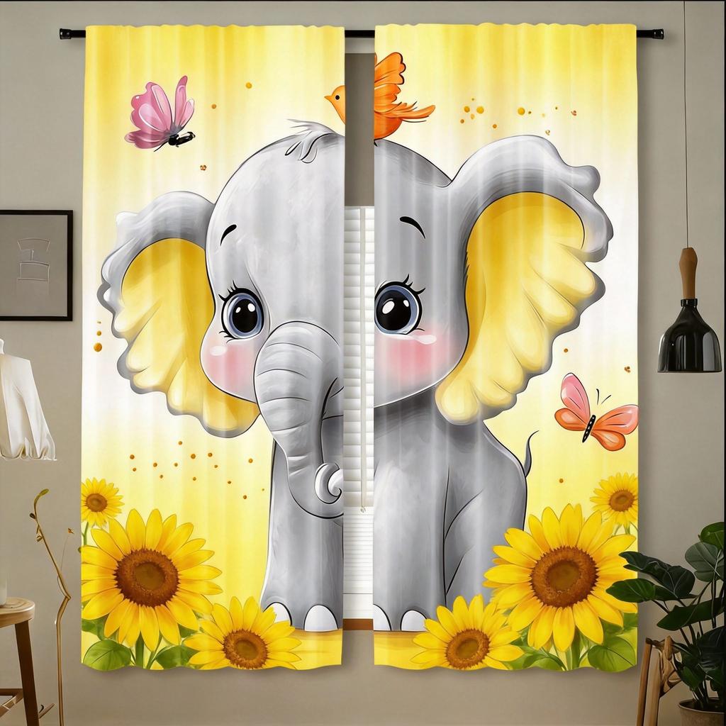 Whimsical Elephant Curtains 2pcs – Butterflies & Soft Pastel Print, Semi-Sheer Nursery Bedroom Decor