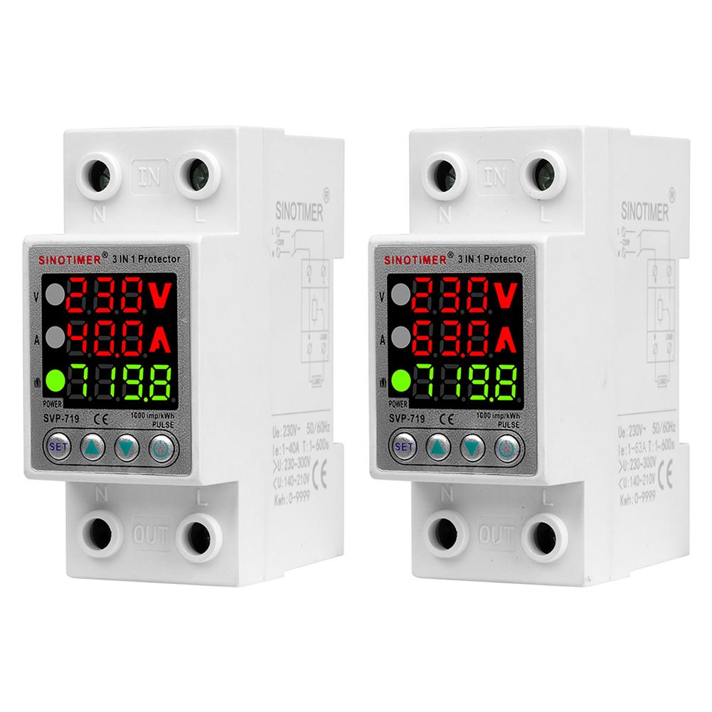220V 40/63A Adjustable Over Under Voltage Protective Device Din Rail Adjust Voltage Relay Current Protection Limit Voltmeter