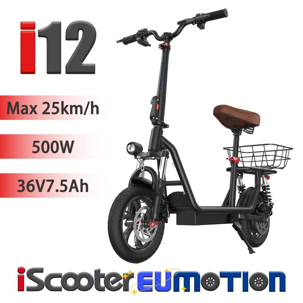 iScooter I12 Road Legal Electric Scooter 500W, 36V7.5Ah, 25km/h Max Speed, Full Suspension, Dual Disc Brakes, 12" Tires Pedelec with Basket & Seat