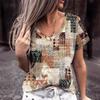 Летняя футболка с V-образным вырезом в этническом стиле, ретро, с 3D-принтом, модная, повседневная, с коротким рукавом, женская
