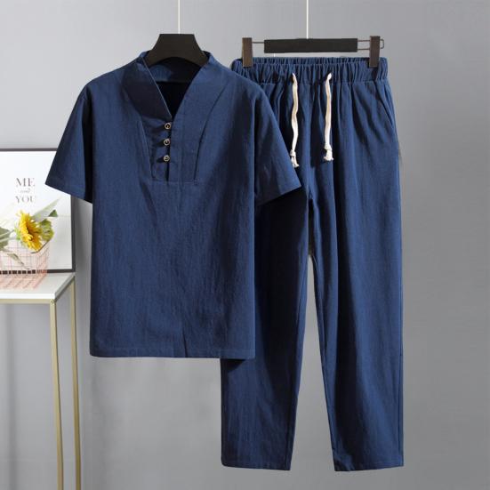 Футболка, брюки, костюм, модные карманы, пуговицы, мужской летний спортивный костюм, однотонный комплект из рубашки и брюк, мужской комплект из рубашки и брюк, мужская одежда