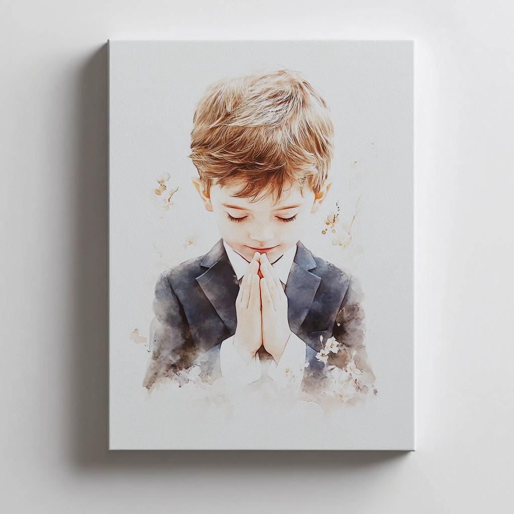 Pierwsza Komunia Święta - Modlący Się Chłopiec Pierwsza Komunia Święta - Modlący Się Chłopiec, 40X50 Cm, Rama Aluminiowa Złota, Papier Matowy 230 Gsm