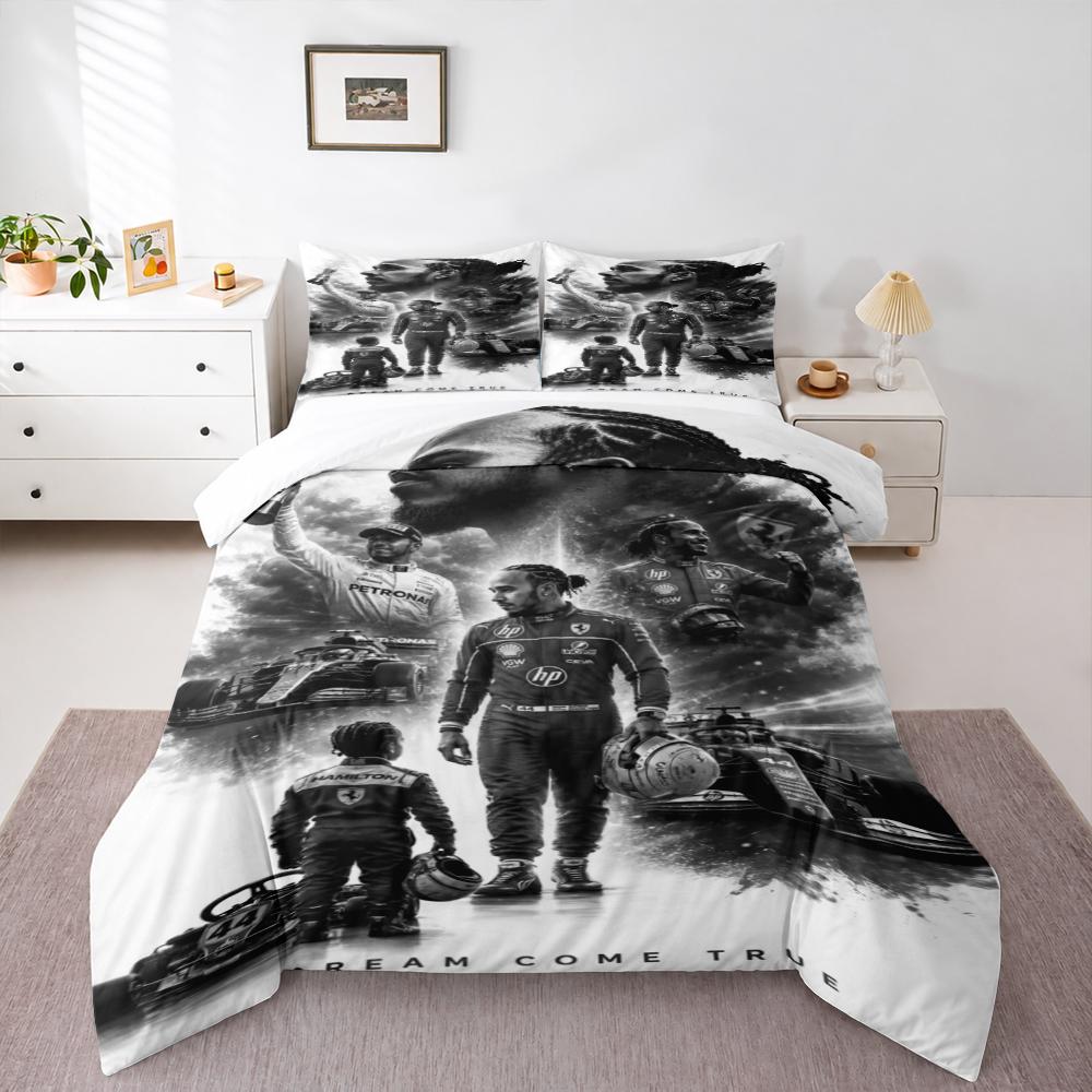 3 Piece Bedding Set with Duvet Cover and 2 Pillowcases - Lewis Hamilton Dream Come True Tribute Print - Black White Career Decor