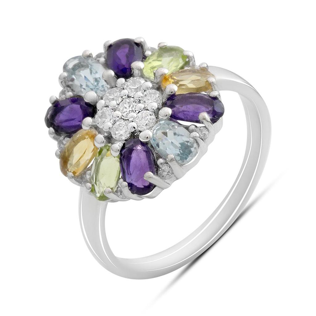 Серебряное кольцо с натуральным аметистом 3.048ct, цитрином, хризолітом, топазом, вес изделия 3,52 гр (2193333)