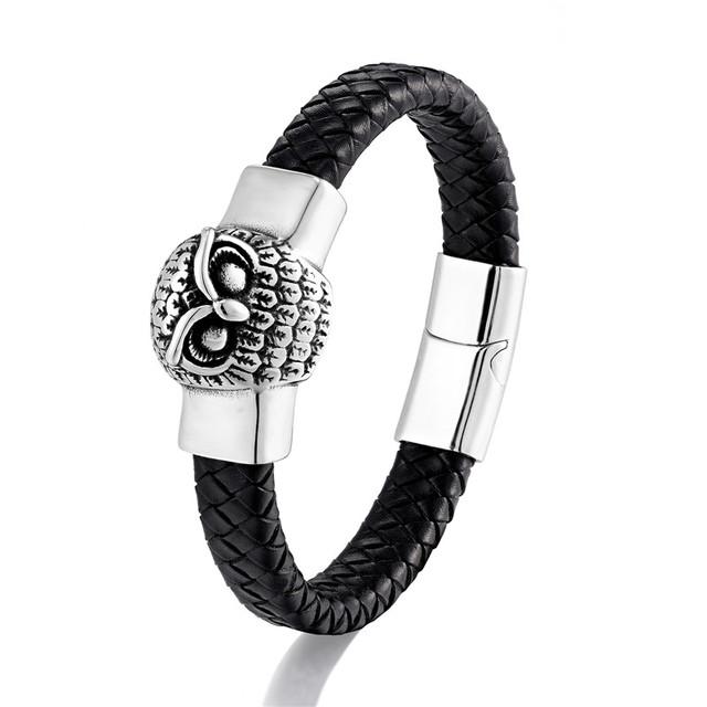 Европейский и американский ретро-браслет из нержавеющей стали со слоном и совой, черный плетеный браслет из натуральной кожи