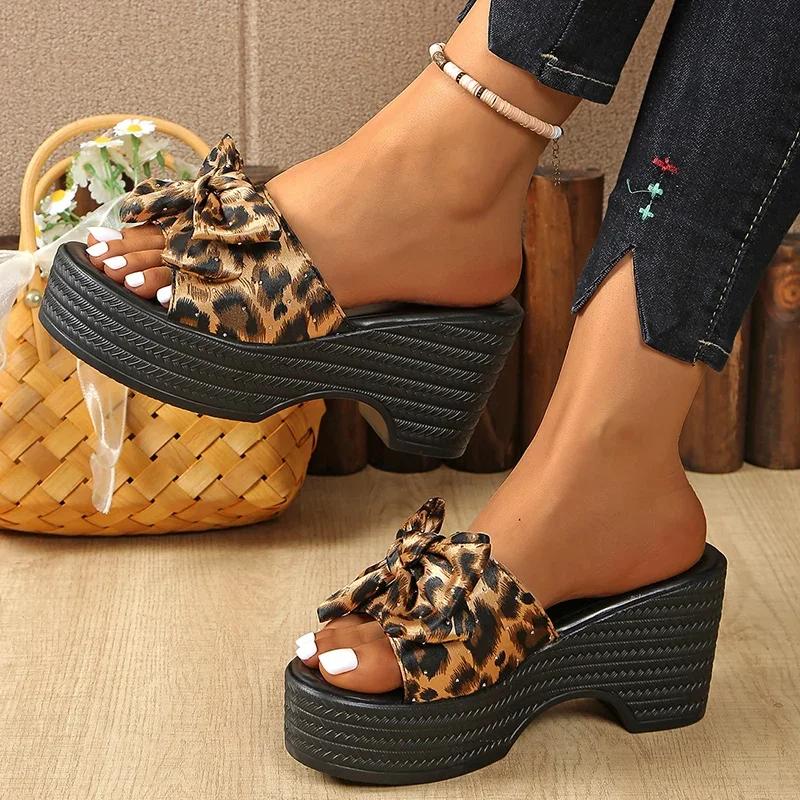 Leopard Bowknot Decor Wedge Heel Sandals for Women Summer 2025 Fashion Chunky Platform Slippers Woman Thick Sole Beach Sandalias