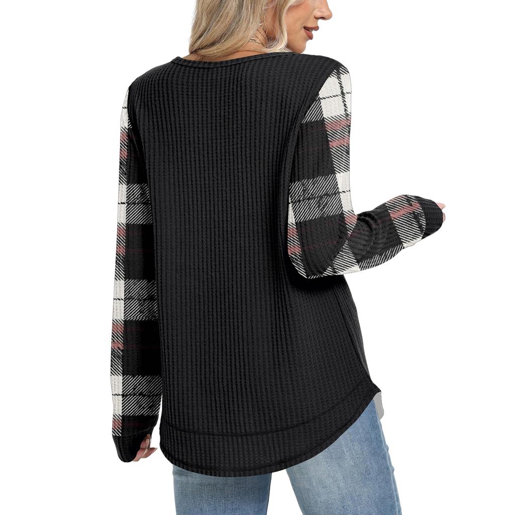 Женский повседневный топ свободного кроя с круглым вырезом и длинными рукавами в клетку
