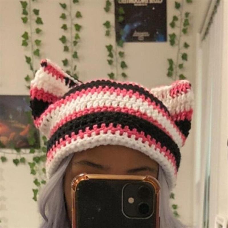New Handmade Crocheted Color-blocked Bear Ear and Rabbit Ear Hood, Fashionable and Versatile Adult Hat