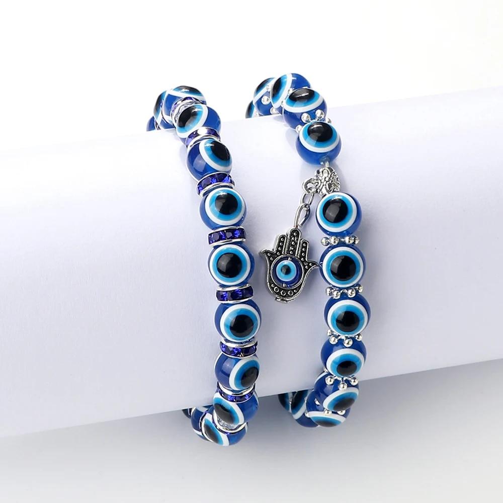 10mm Lucky Blue Evil Eye Bracelet Palm Butterfly Owl Elephant Pendant Charm Crystal Resin Beaded Bracelets for Women Men Jewelry