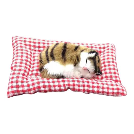 Simulation Sleeping Cat Decoration with Plaid Mat Odor Removal Bamboo Charcoal Plush Kitten Stuffed Animal Doll Home Office Desktop Car Interior