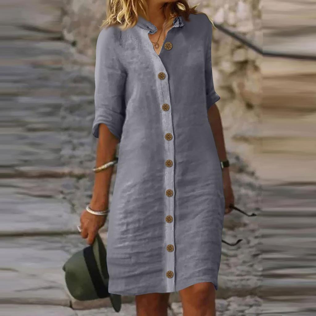 Женское платье с рубашкой и рукавами миди, однотонные повседневные платья