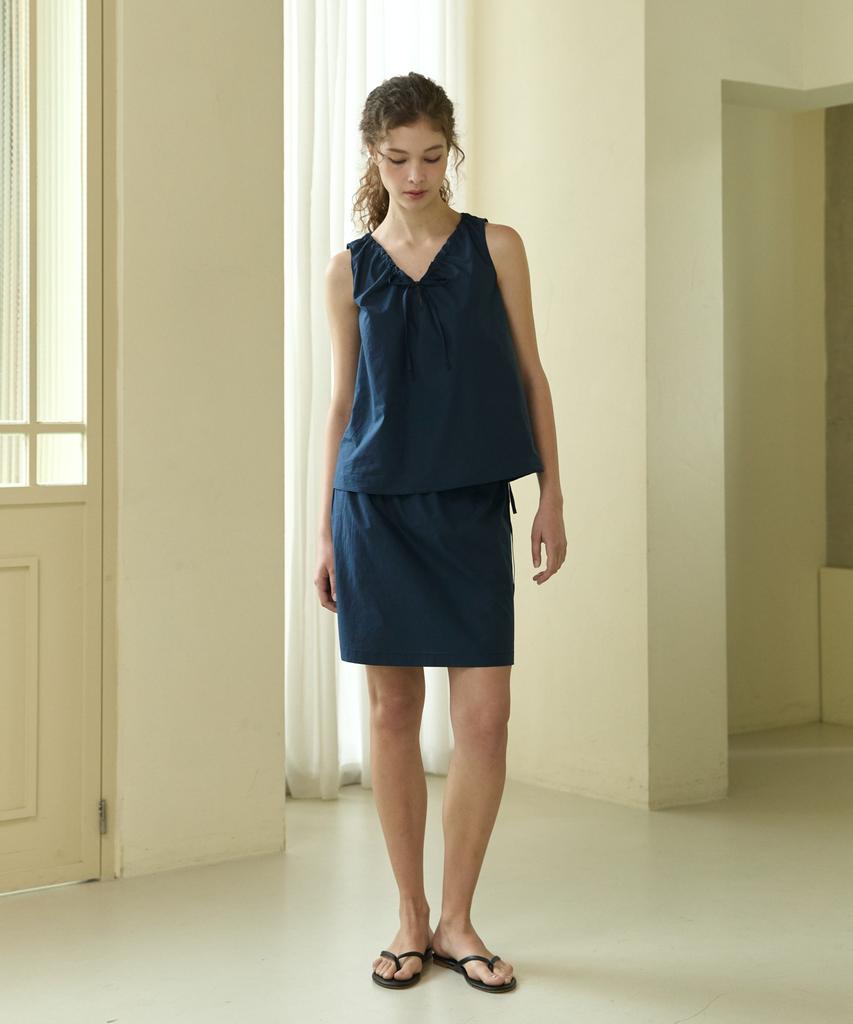 Wioi Cotton Ribbon Midi Skirt_Navy