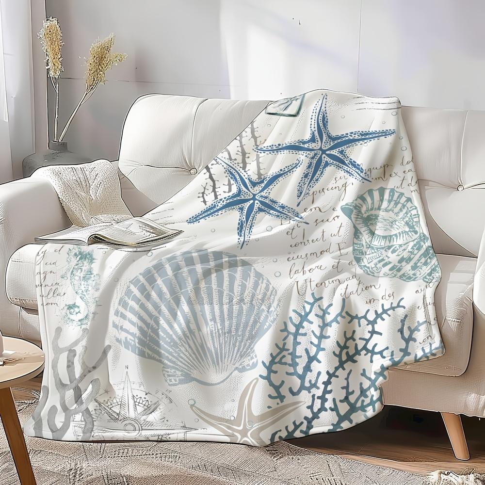 Starfish and Shell Blanket Coral Nautical Coast Ocean Coral Beach Blue Cyan Vintage Ocean Mural Suitable for Sofa Sofa Bed Comfortable Plush
