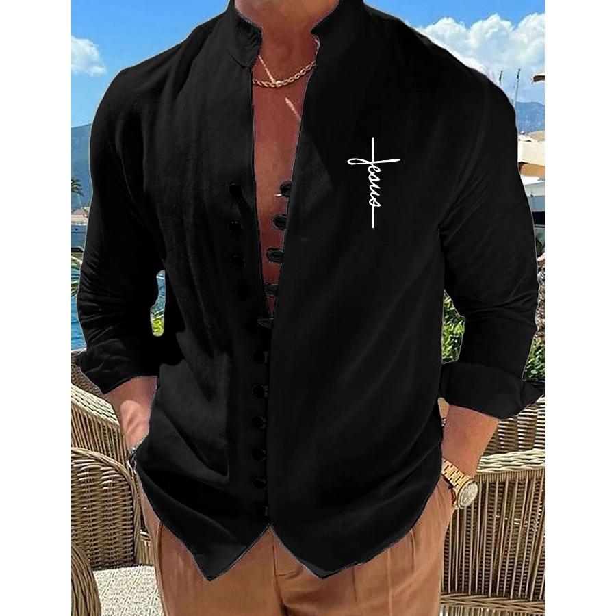 Cotton Blouse Beach Style Top Man Long Sleeved Stand Up Collar Letters Printed Retro Slim Fit Men's Casual Shirts