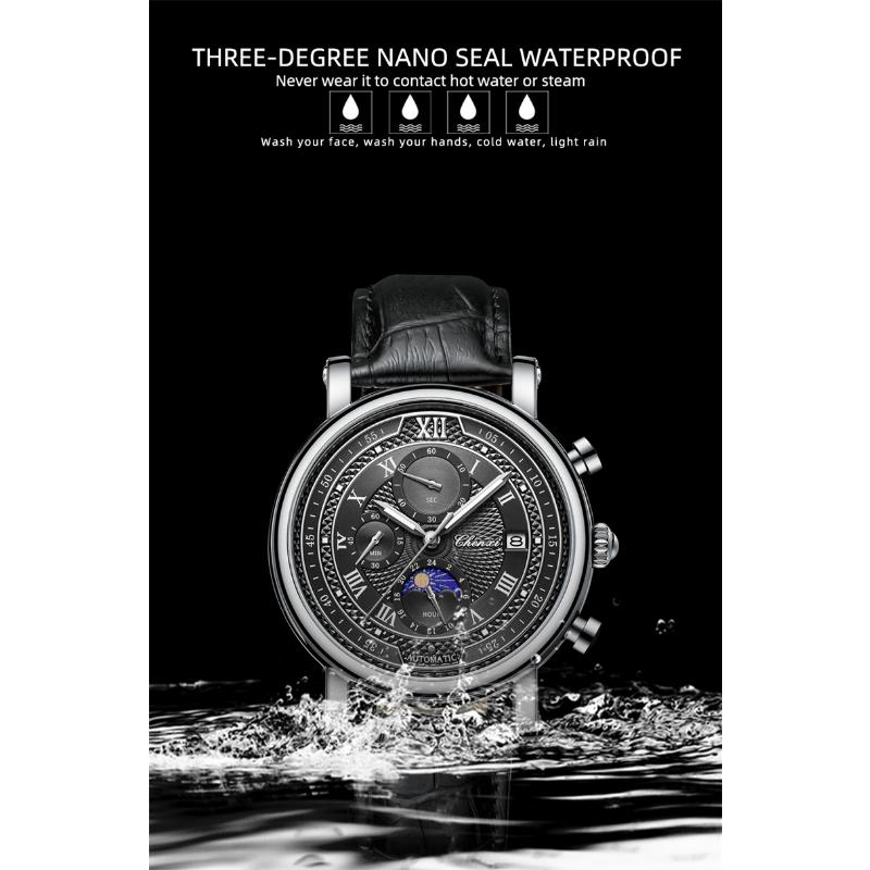 Chenxi Men's Watch Leather Chronograph Date Quartz Watches Phase Moon Timing Business Luminous Wrist Watch