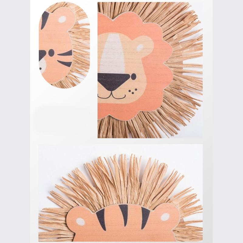 Cartoon Lions Hangings Decorations Creative Animal Head Ornament Handwovens Raffias Wall Decors for Farmhouses Bedroom Home
