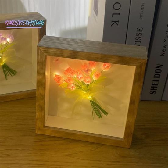Ночник с цветком тюльпана, деревянная фоторамка ручной работы - 13/10/16, лента с цветами, квадратный подарок, сделай сам, светящийся букет тюльпанов, ночник