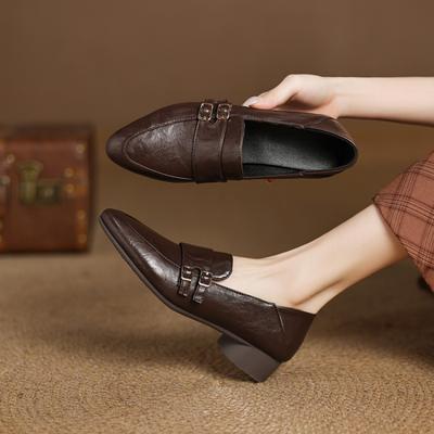 Новые удобные маленькие кожаные туфли, на одной педали, на толстой подошве, нескользящие, на среднем каблуке, больших размеров, с круглым носком и квадратным каблуком, одинарные туфли для всех