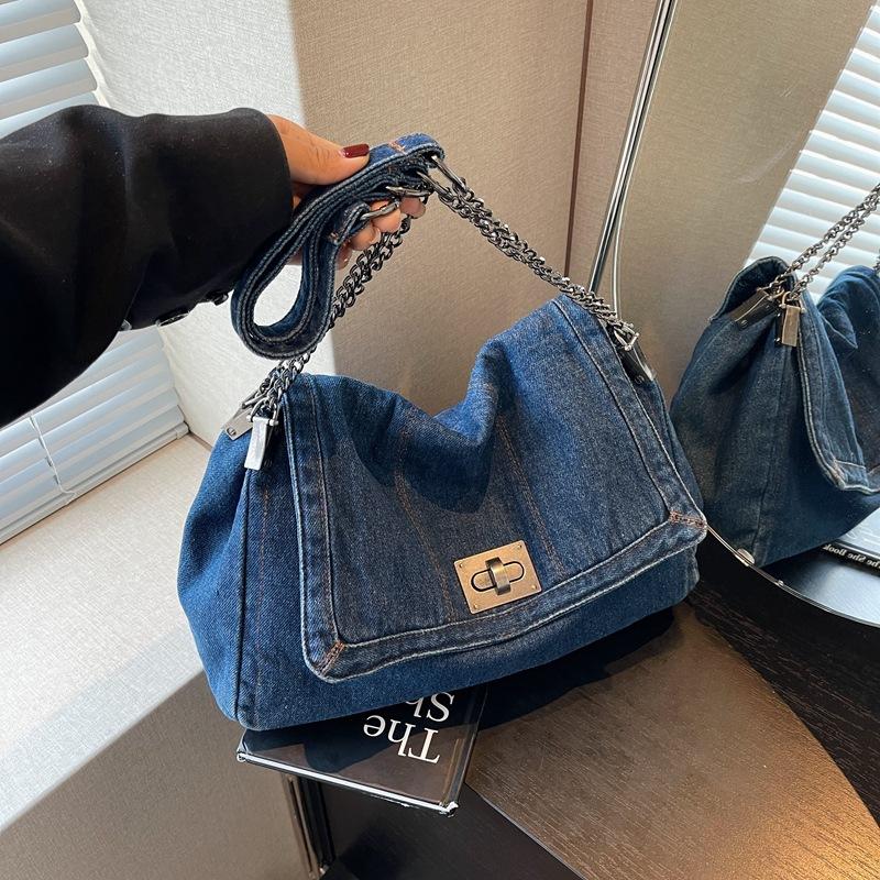 Retro Casual Denim Bag Women's 2024 New High-end Chain Shoulder Bag Large-capacity Commuter Tote Bag