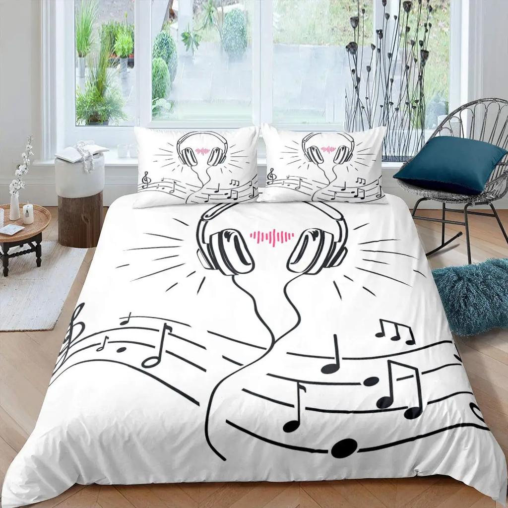 Пододеяльник с принтом наушников, музыкальный геометрический узор, пододеяльник для мальчиков и подростков, двуспальный, двуспальный, из полиэстера, стеганый чехол