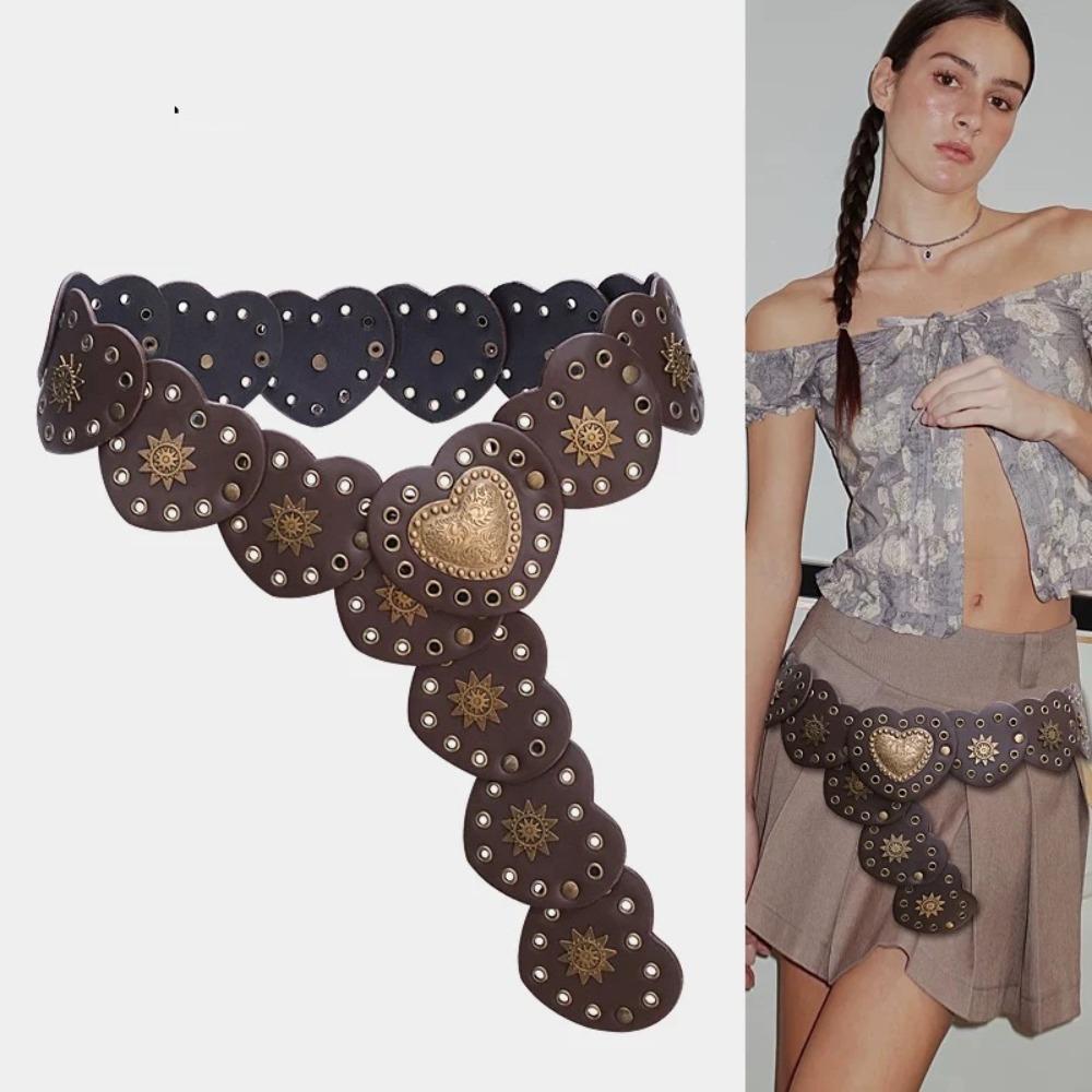 Широкий боковой пэчворк в виде сердец, талия в корейском стиле, ПУ кожаные ремни, Джинсовый декор