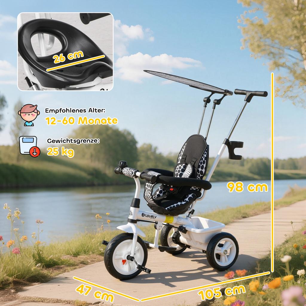 6 in 1 Tricycle for Kids with 5-point harness straps, Removable Canopy, White