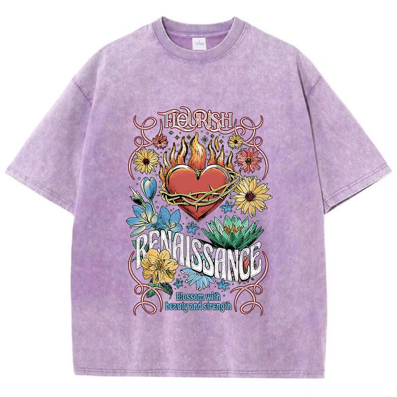 Футболки женские из хлопка с кислотной стиркой, цветочные принты Flourish Renaissance, топы, большие состаренные футболки с круглым вырезом, одежда