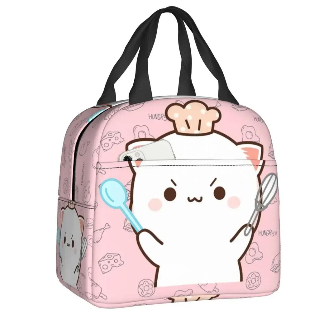 Mochi Cat Chef Peach Insulated Lunch Bag for Outdoor Picnic Peach And Goma Resuable Thermal Cooler Lunch Box Women Children