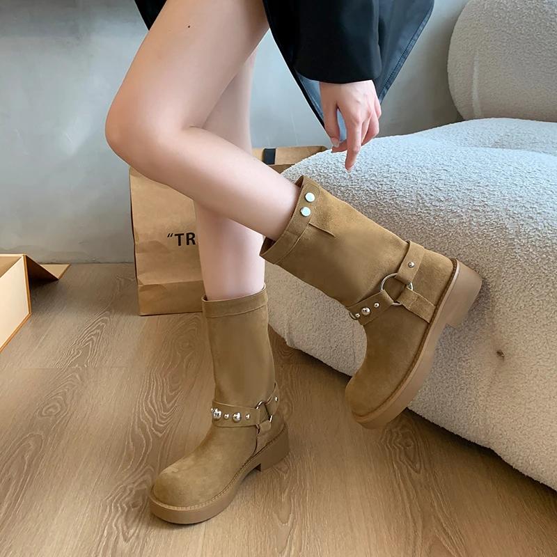 Обувь для женщин 2024 года, модные женские сапоги с круглым носком, замшевые, однотонные, средней толщины, на толстом каблуке, Botas De Mujer