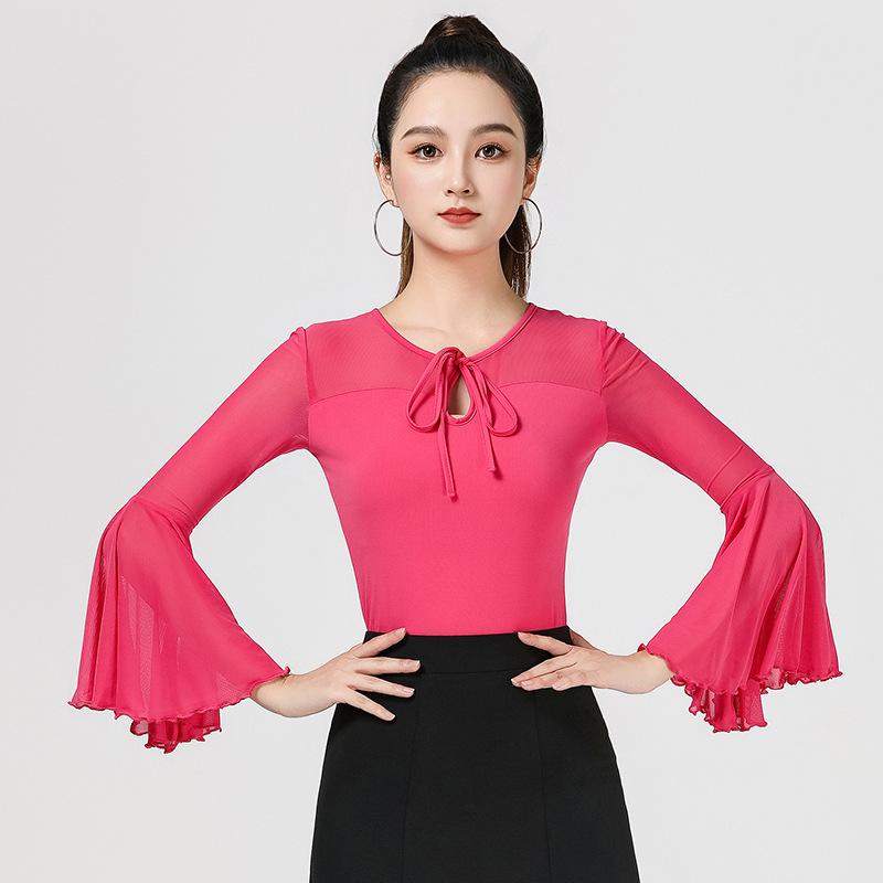 Women's Dance Suit Top Line Dance Clothing Summer Black Long Sleeve Mesh Ballroom Modern Female Dance Suit Samba Party Dresses