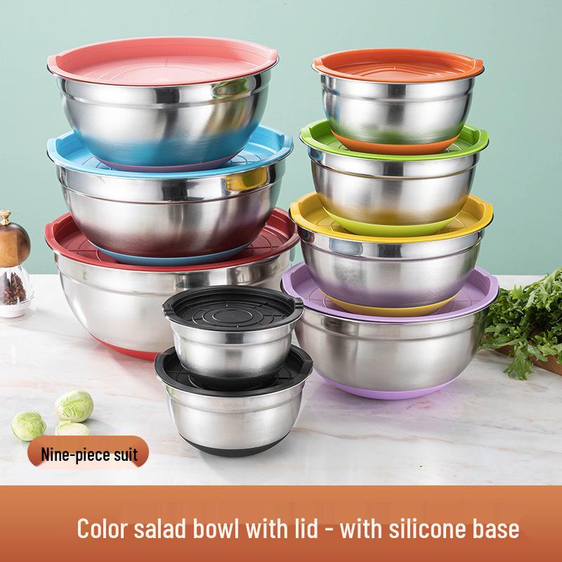 Non-Magnetic Stainless Steel Salad Bowl with Silicone Non-Slip Base and Lid – Perfect for Mixing, Baking, and Dough Kneading