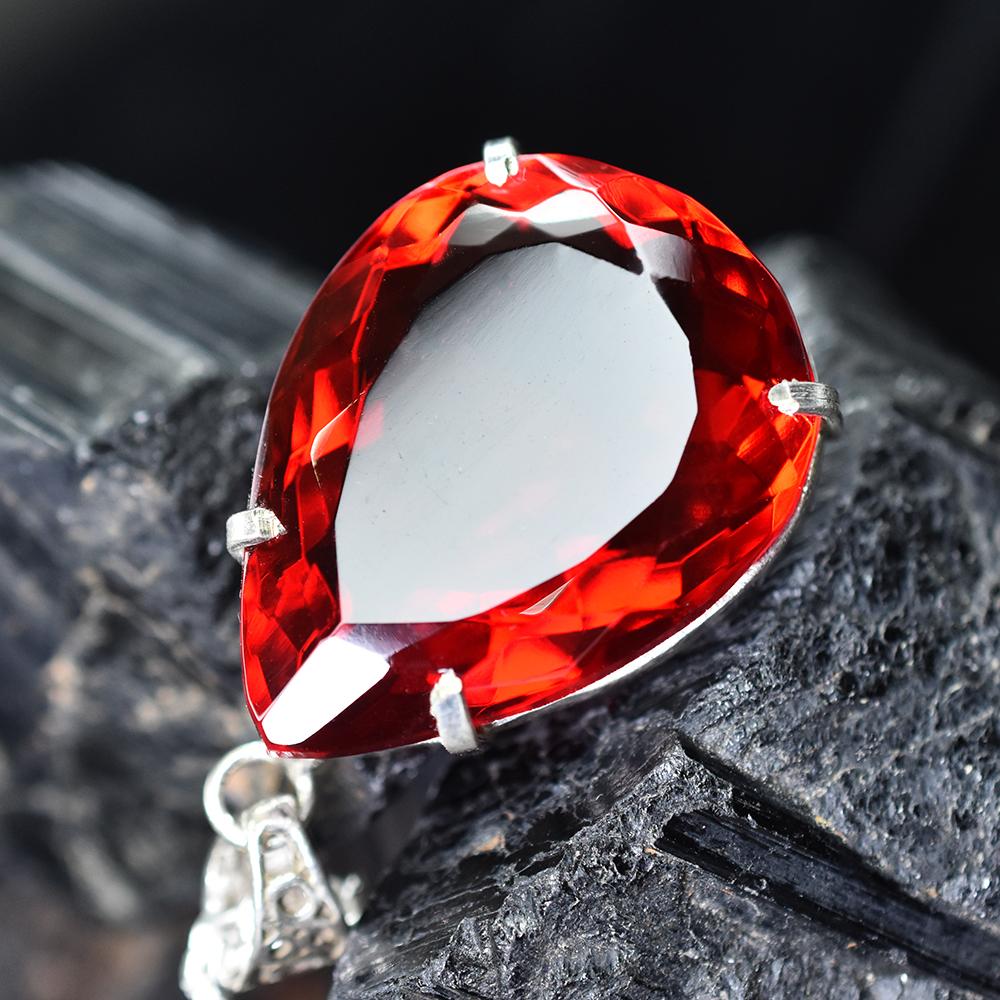 Brazilian Red Topaz 107.35 Ct Pear Cut Natural CERTIFIED Gemstone Silver Pendant MY.PD-85-NS
