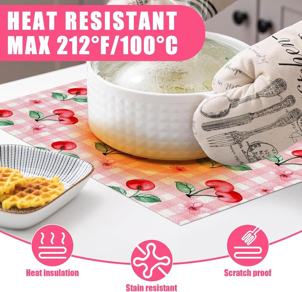 Pink Cherry Spring Flower Placemats Set of 6,12x18 Inch Linen Place Mat Washable Stain Resistant Table Mats