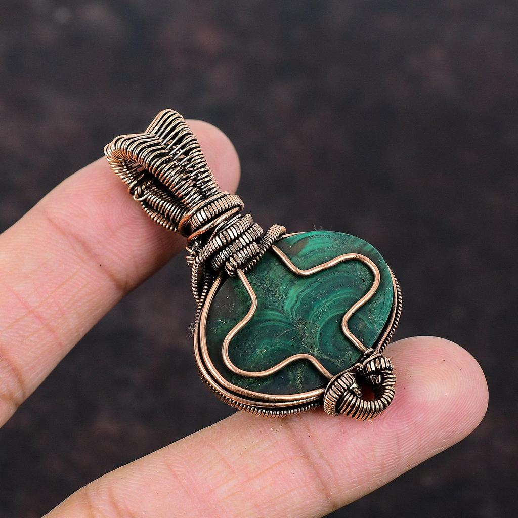 Подвеска из малахита, подвеска из медной проволоки, подвеска из радужного лунного камня, ювелирное изделие ручной работы, подвеска из драгоценного камня, уникальное медное ювелирное изделие, подарок для нее