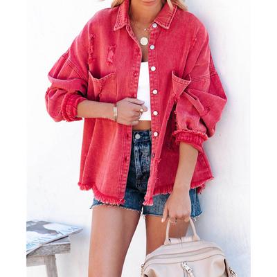 Женская джинсовая куртка с рваным отложным воротником, топы с длинными рукавами и карманами, однобортное пальто с кисточками, свободная верхняя одежда