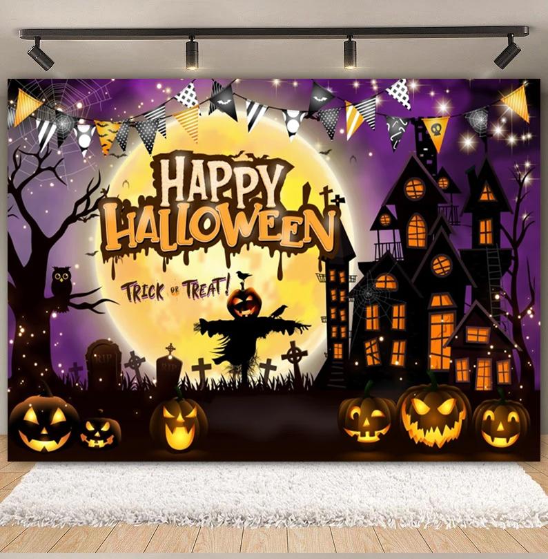 Happy Halloween Horror Castle Backdrop Full Moon Scary Night Halloween Background Skeleton Pumpkin Kids Cosplay Supplies Banner