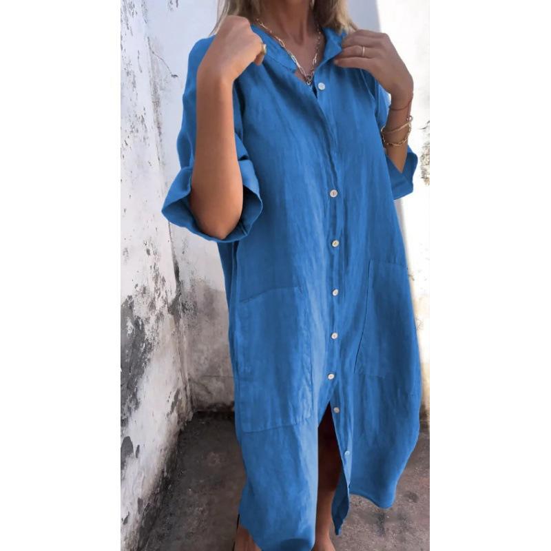 Lapel Collar Half Sleeve Linen Cotton Shirt Front Button Loose Side Pockets Split Hem Oversized Breathable Daily Beach Vacation Flowy Tunic Sundress
