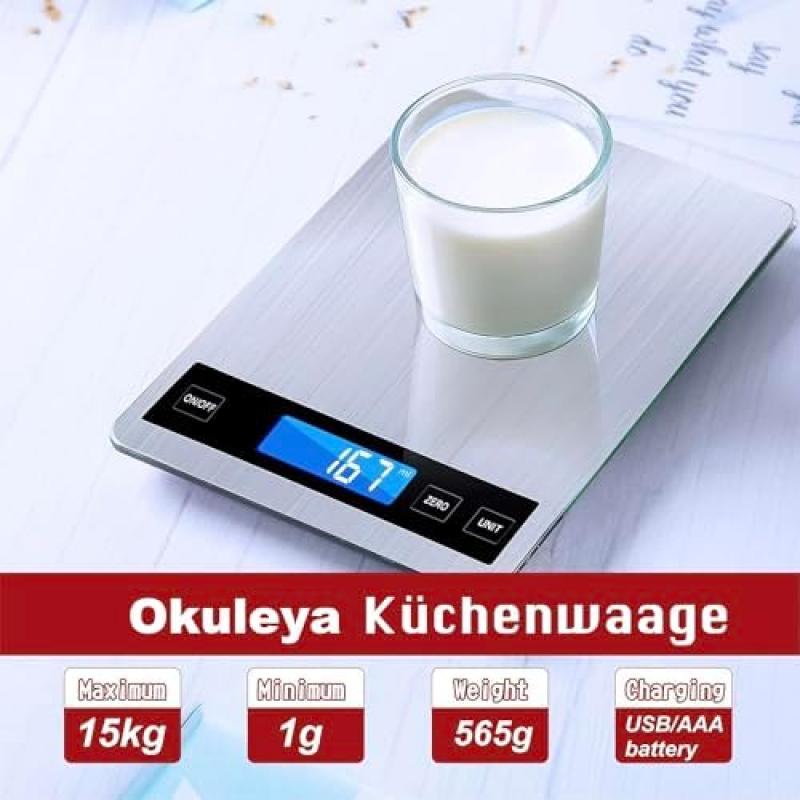 Digital Kitchen Scale 15kg Capacity with 1g Precision, Multi-Unit Conversion (g/kg/lb:oz/ml/fl'oz), TYPEC Rechargeable, Household Baking Food Scale