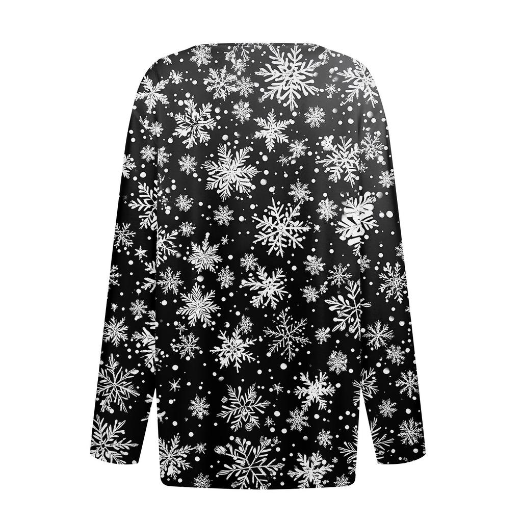 Женская футболка с рождественским принтом на пуговицах с длинным рукавом, повседневная, выходного дня, модная, базовая, с V-образным вырезом, обычная