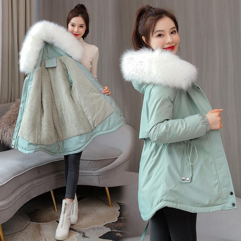 Новое зимнее плюшевое утолщенное хлопковое пальто с большим шерстяным воротником, женское пальто