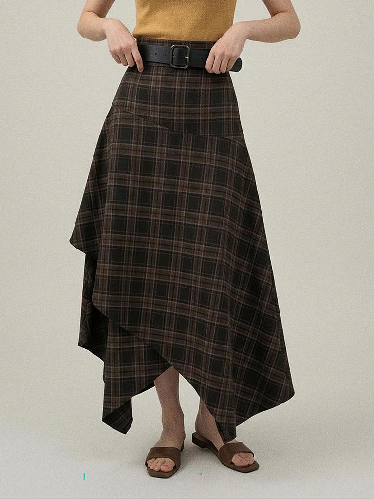 Ge Ming Women's Retro High-Waist Irregular Plaid Mid-Length Skirt for Spring, W442C