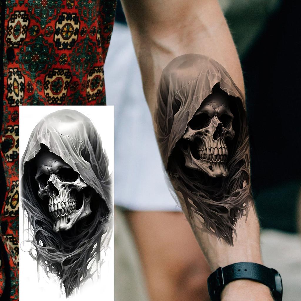 1 Sheet Scary Grim Reaper Skull Temporary Tattoos Halloween Tatoos Long Lasting Waterproof Tiger Wolf Beast Fake Tattoo Stickers