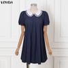 VONDA Женское мини-платье-туника в преппи-стиле с кукольным воротником, короткими пышными рукавами, свободного А-силуэта, повседневное